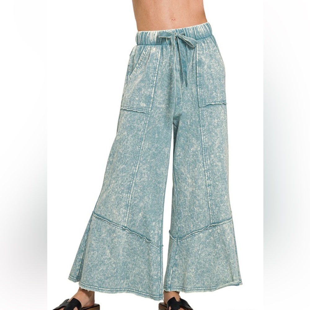 Zenana Outfitters Light Teal Wide-Leg Tie-Waist Pants